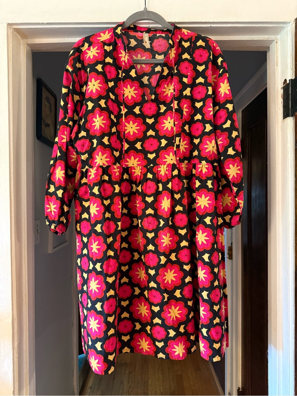 Mata Traders Tunic Dress with Pink & Yellow Geometric Floral Print, L
